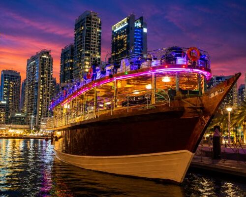 wooden Glass Dhow Cruise Marina Dubai Wooden glass dhow cruise Dubai Marina with skyline at night