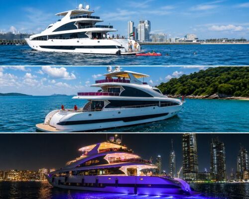 Burj Al Arab sail shaped hotel seen from Dubai superyacht Tri-deck superyacht cruising from Dubai Harbour with luxury design