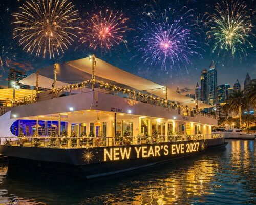 Sea Lounge Marina New Year's Eve cruise 2027 with fireworks NYE Sea Lounge cruise on Dubai Marina with midnight fireworks over the skyline