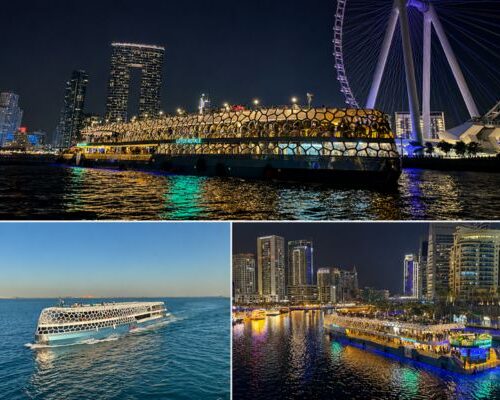 Lotus Mega Yacht VIP dinner cruise with illuminated skyline at night
