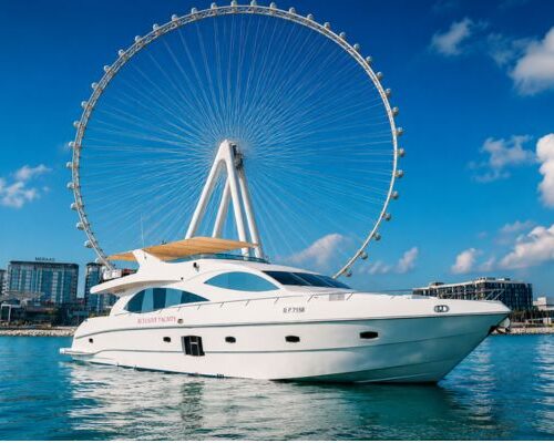 Luxury yacht tour Dubai Harbour with BBQ and skyline Modern luxury yacht cruising Dubai Harbour with live BBQ and city views