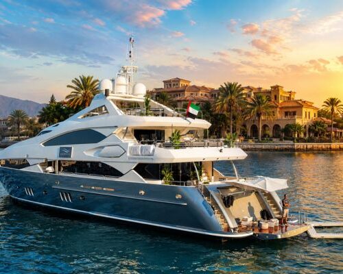 luxury-superyacht-sunseeker-dubai-marina-cruise Sunseeker superyacht with Dubai skyline and gourmet dining setup