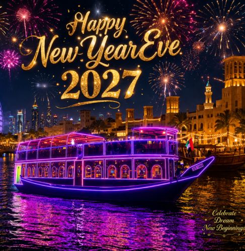 New Year Eve dhow cruise Dubai Creek with fireworks 2027 Traditional dhow cruising Dubai Creek with New Year fireworks over the skyline