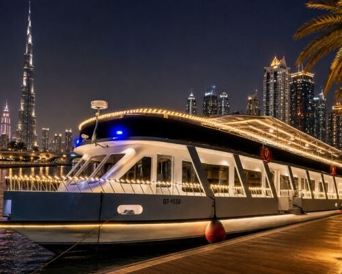 Premium Al Jaddaf Canal cruise Dubai with reserved tables at night