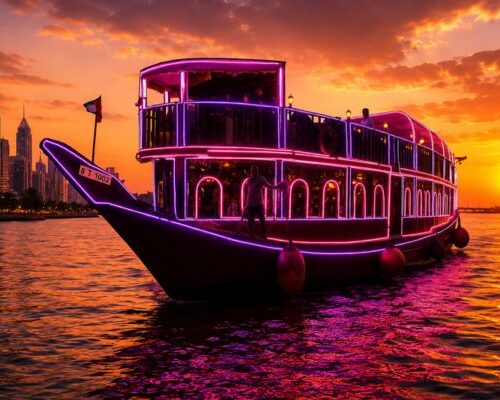 Sunset dhow cruise Dubai Creek with golden sky