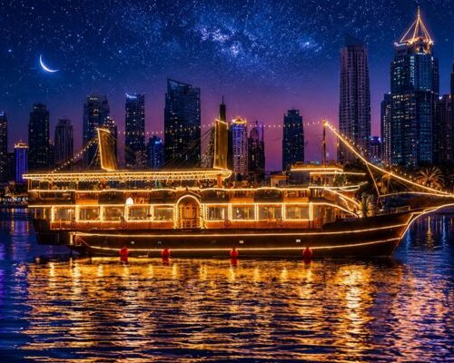 Upper and lower deck dhow cruise Al Seef Dubai Creek with Panda dance