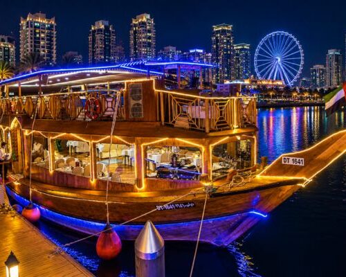International buffet dinner dhow cruise Dubai Creek at night
