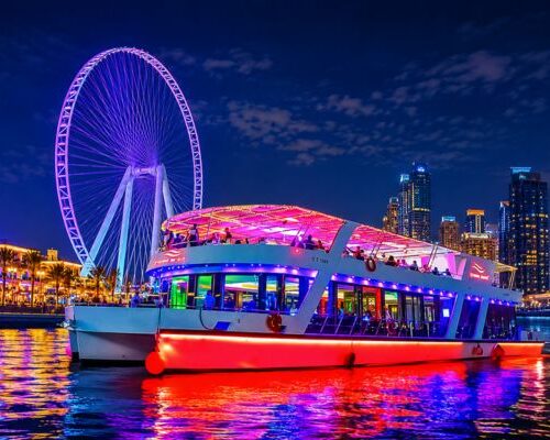 Luxury xclusive yacht sunset dinner cruise Dubai Marina at night Luxury xclusive yacht sunset dinner cruise Dubai Marina at night