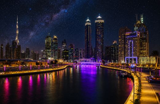 Business Bay skyline and canal towers seen from a Dubai Water Canal cruise