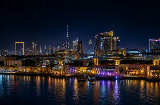 Historic Al Seef waterfront and gold souk on Dubai Creek seen from a traditional dhow cruise
