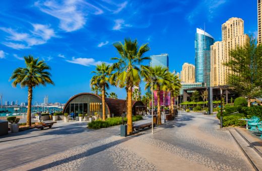 JBR beachfront and The Walk skyline seen from a Dubai Marina cruise