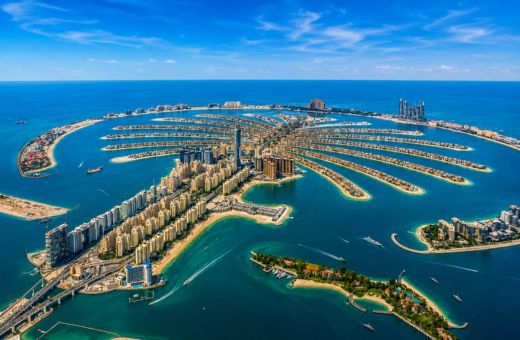 Palm Jumeirah and Bluewaters skyline from a Dubai Marina yacht cruise